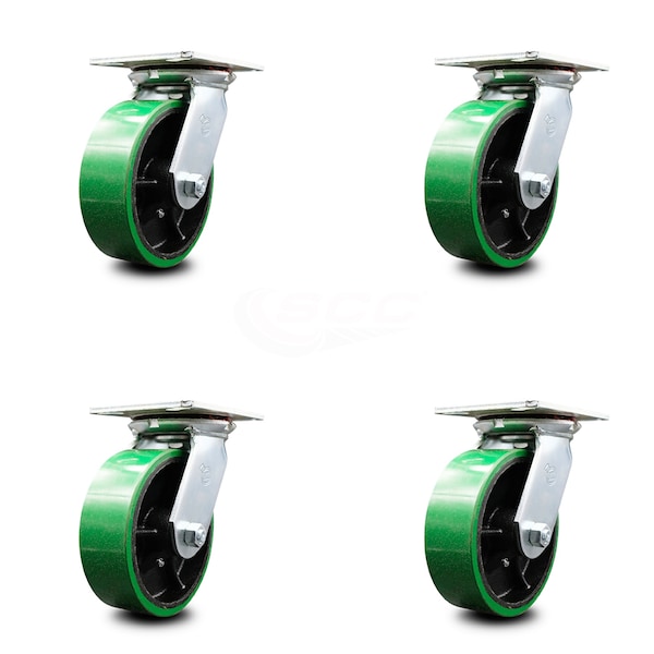 6 Inch Heavy Duty Green Poly on Cast Iron Caster Set with Ball Bearings, 4PK